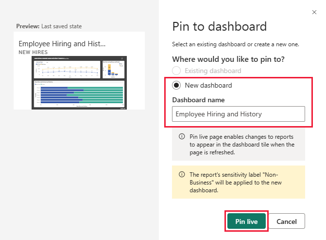 Screenshot shows the Pin to dashboard dialog box for adding to a new dashboard.