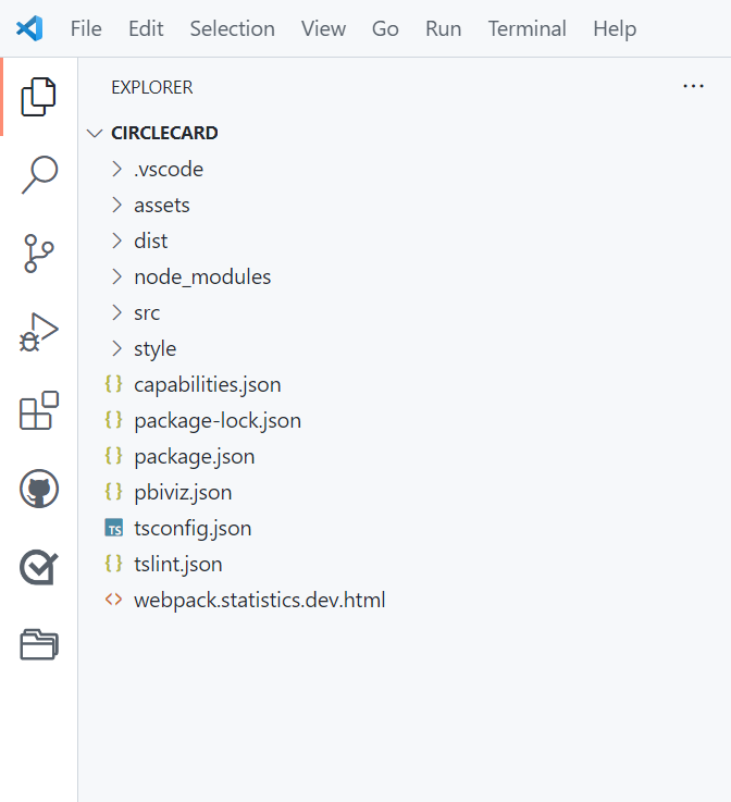 Snímek obrazovky s oknem VS Code otevřeným ve složce karty s kruhem