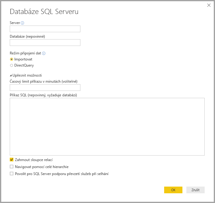 Screenshot of Power BI Desktop showing SQL Server database dialog box.