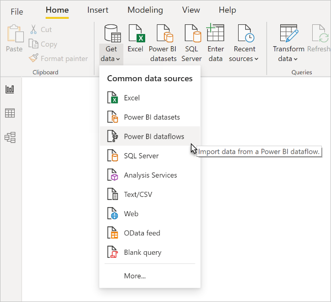 Snímek obrazovky Power BI Desktopu se zvýrazněnou možností toků dat Power BI v rozevíracím seznamu Získat data