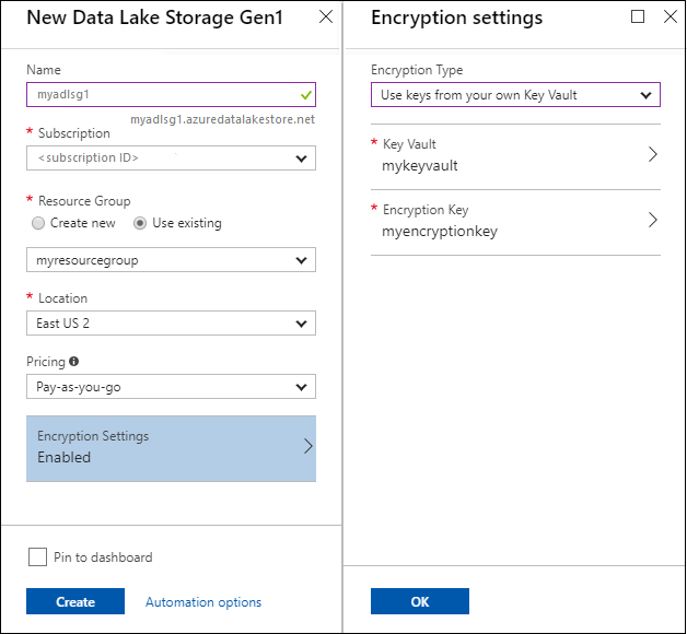 Snímek obrazovky s oknem New Data Lake Storage Gen1 a oknem Nastavení šifrování