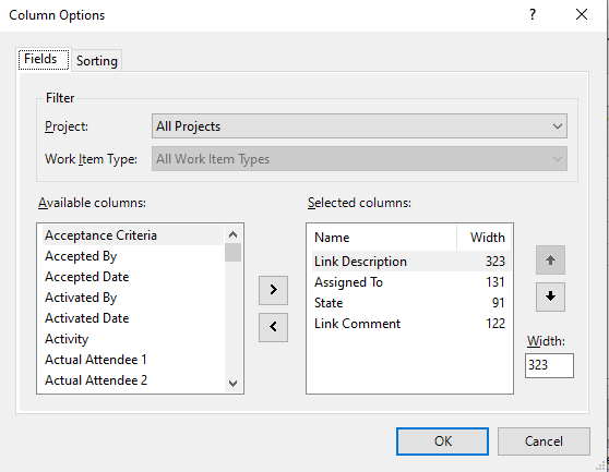 Links and Attachments dialog, Links tab, Added columns