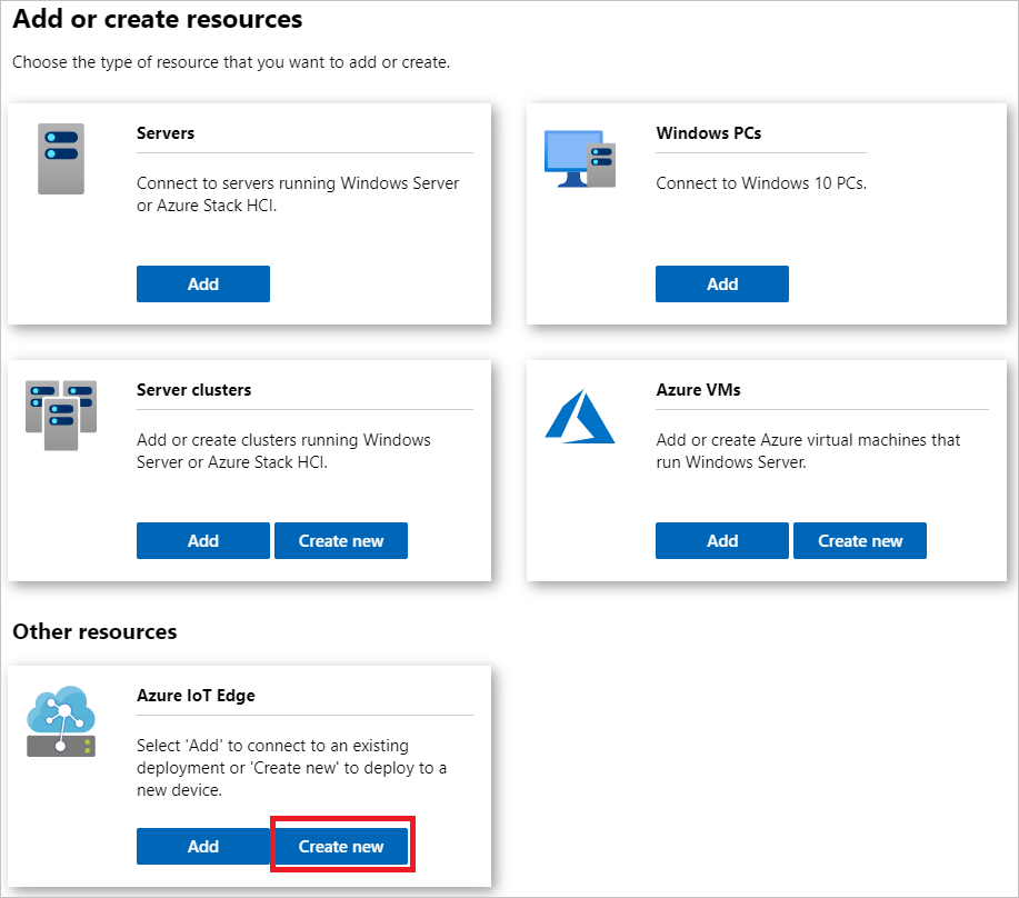 Vyberte Vytvořit nový na dlaždici Azure IoT Edge ve Windows Admin Center ve formátu PNG.