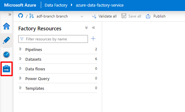 Snímek obrazovky znázorňující, jak zvolit ikonu Spravovat v Azure Data Factory nakonfigurovat propojenou službu Snowflake