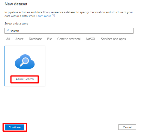 Snímek obrazovky znázorňující, jak zvolit službu Azure Cognitive Search pro datovou sadu v Azure Data Factory, která se má použít jako jímka
