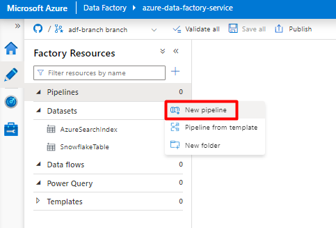 Snímek obrazovky znázorňující, jak zvolit nový kanál v Azure Data Factory, který se má vytvořit pro příjem dat Snowflake