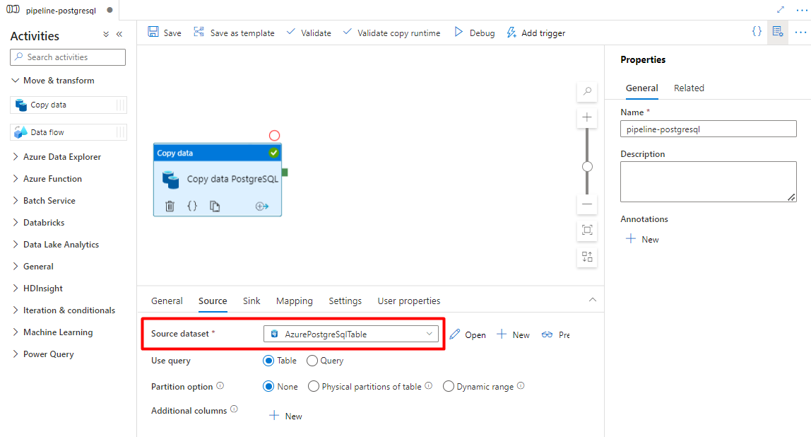 Snímek obrazovky znázorňující, jak nakonfigurovat zdroj pro import dat z PostgreSQL do objektu blob služby Azure Storage v pracovní fázi