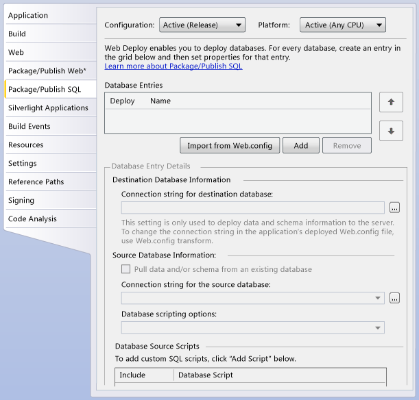 Package/Publish SQL tab