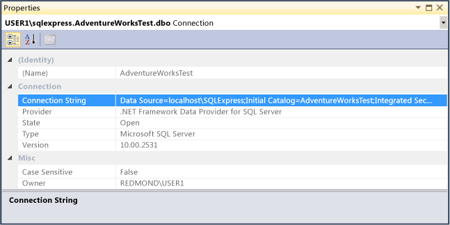 Properties window showing connection string