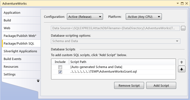 Database Scripts grid in Package/Publish SQL