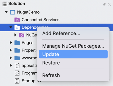 This screenshot shows the Dependencies context menu with the Update menu highlighted.