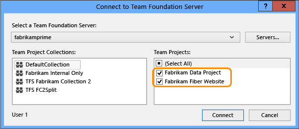 Připojení k serveru Team Foundation Server dialogové okno