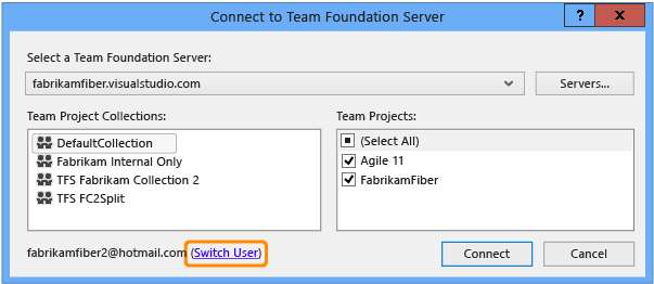 Připojení k serveru Team Foundation Server dialogové okno