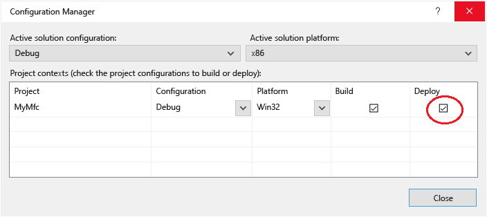 Screenshot of the Configuration Manager in the Visual Studio Solution Explorer. The Debug configuration is selected, and Deploy is checked.