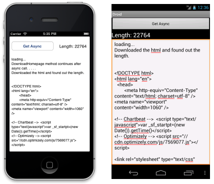 Ukázková aplikace vytvoří jednoduchý asynchronní webový požadavek bez blokování hlavního vlákna a pak aktualizuje uživatelské rozhraní staženým kódem HTML a počtem znaků.