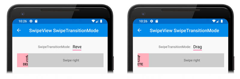 Snímek obrazovky s potáhnutím prstem SwipeTransitionModes v Androidu