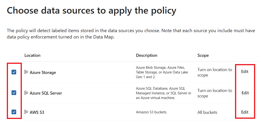 Screenshot of the new protection policy menu, showing the edit buttons for each source as they've been selected.