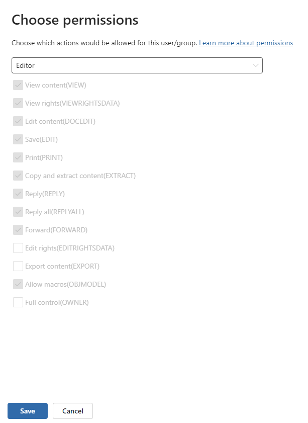 Encryption options to choose permission levels or custom permissions.