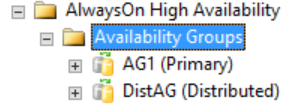 Screenshot from SQL Server Management Studio of the primary replica on the first WSFC of a distributed availability group.