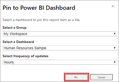 Screenshot of the Pin to Power BI Dashboard dialog.