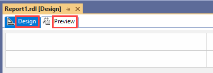 Screenshot of the Report Designer design surface. The Design and Preview tabs of a report definition file are highlighted.