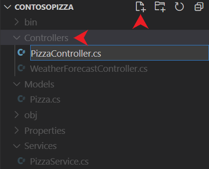 Snímek obrazovky editoru Visual Studio Code, který ukazuje přidání nového souboru do složky Kontrolery