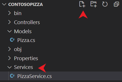 Snímek obrazovky editoru Visual Studio Code, který ukazuje přidání nového souboru do složky Services