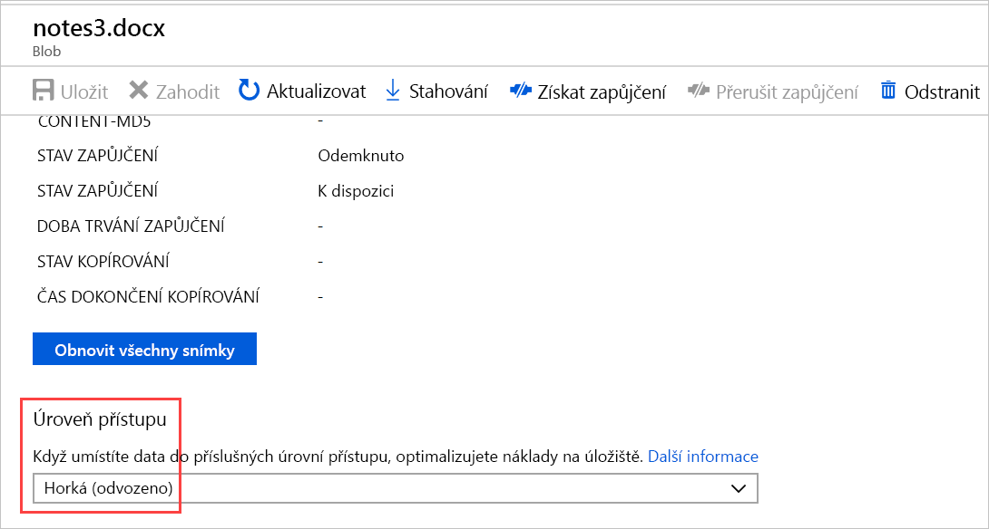 Snímek obrazovky webu Azure Portal se zvýrazněnou úrovní přístupu kontejneru objektů blob jako nastavenou na horkou