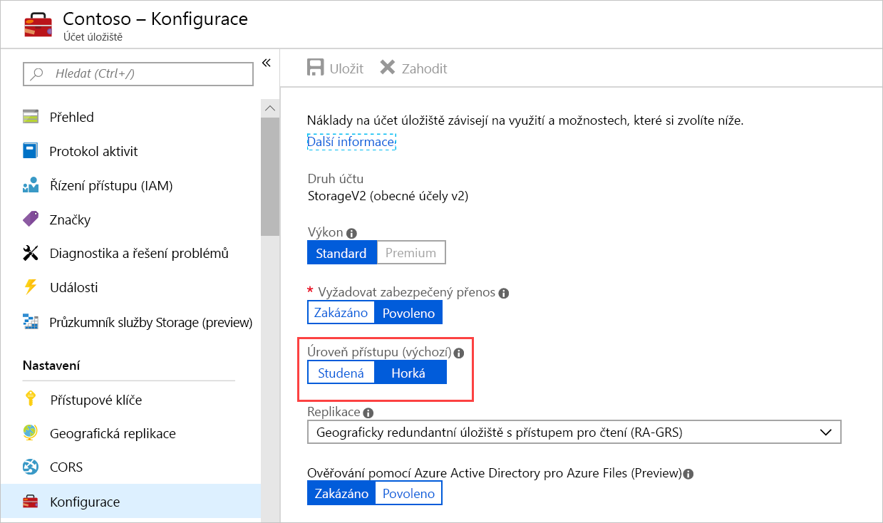 Snímek obrazovky webu Azure Portal znázorňující konfiguraci účtu úložiště se zvýrazněnou sadou úrovní přístupu jako nastavenou na horkou