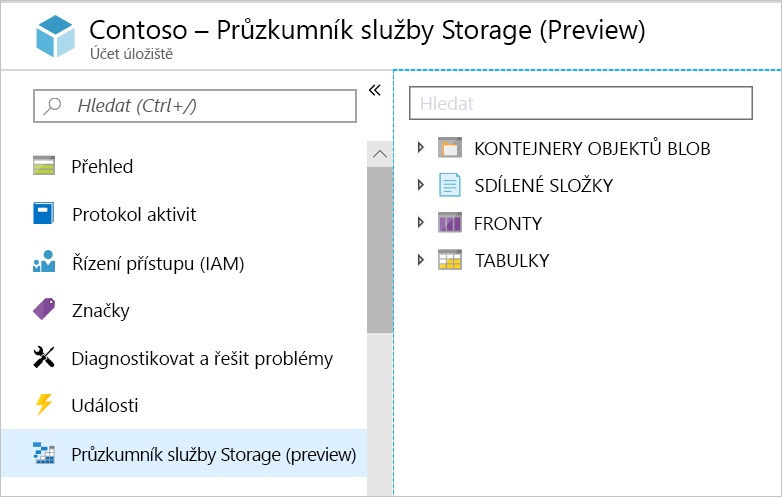 Snímek obrazovky s účtem úložiště na webu Azure Portal a vybraným prohlížečem úložiště