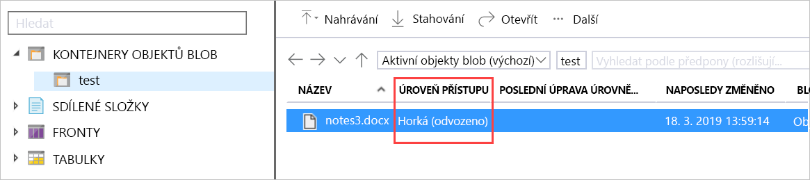 Snímek obrazovky s kontejnery objektů blob s vybraným testovacím kontejnerem a zvýrazněnou úrovní přístupu horké