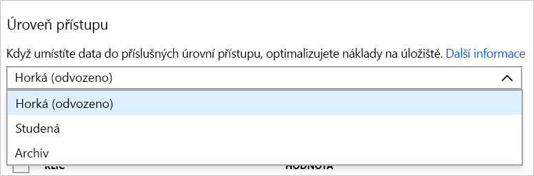 Snímek obrazovky s rozevíracím seznamem úrovně přístupu k objektům blob zobrazující možnosti horké, studené, studené a archivní úrovně