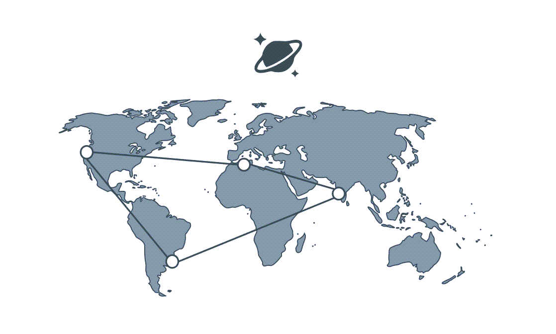 Obrázek mapy světa se čtyřmi globálně distribuovanými uzly, které jsou propojené přes čáry