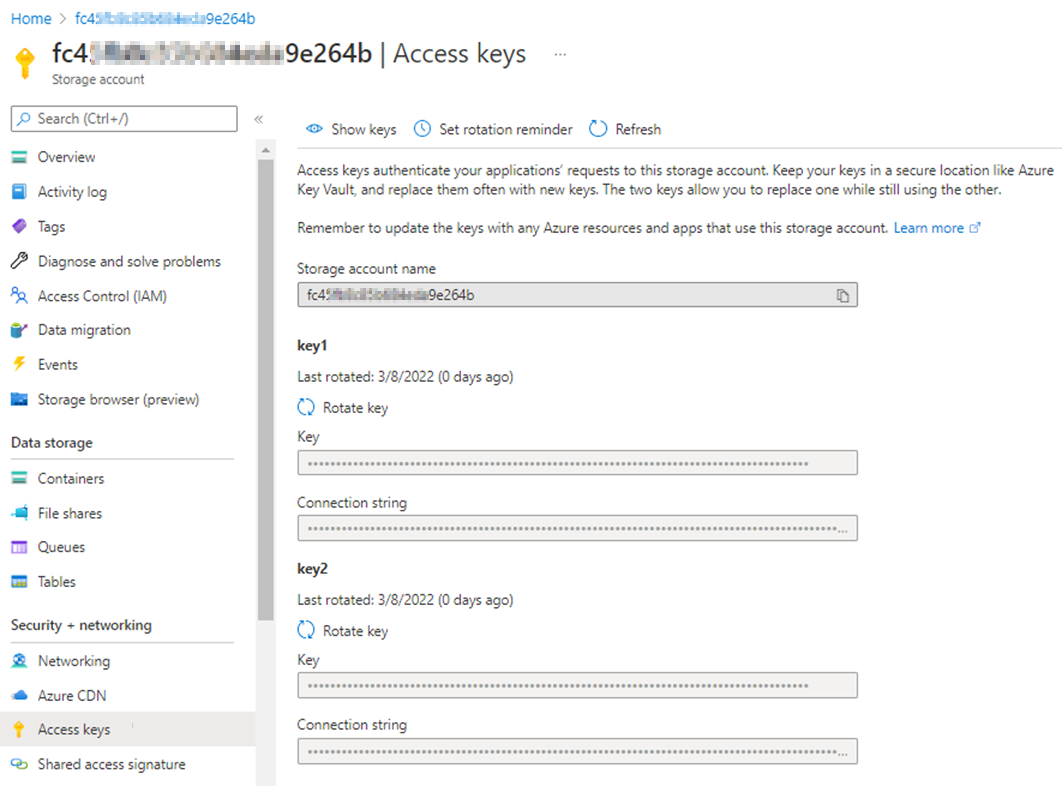 Screenshot of storage account name and keys.
