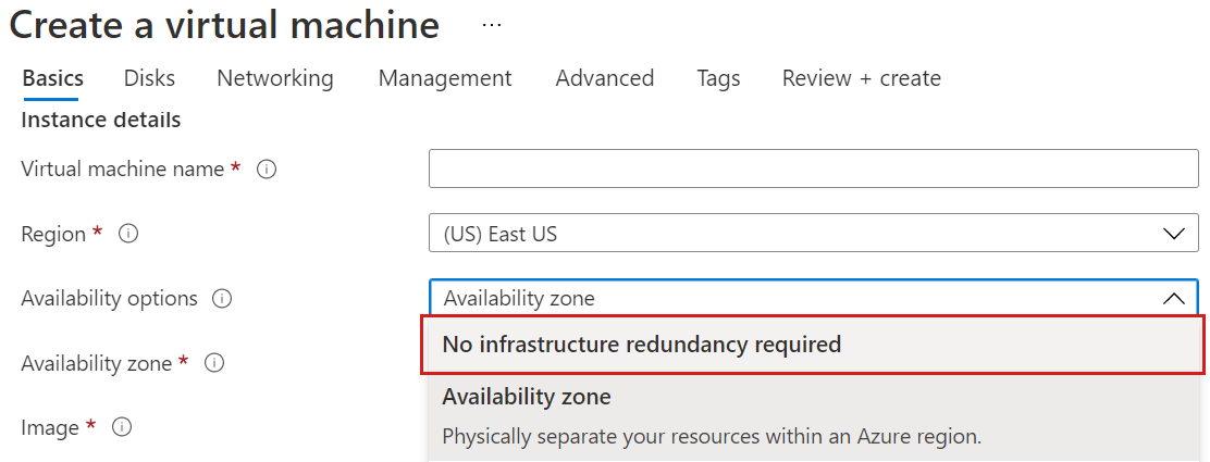 Screenshot of the Basics page of the Create a virtual machine wizard, showing the option selected for no infrastructure required.