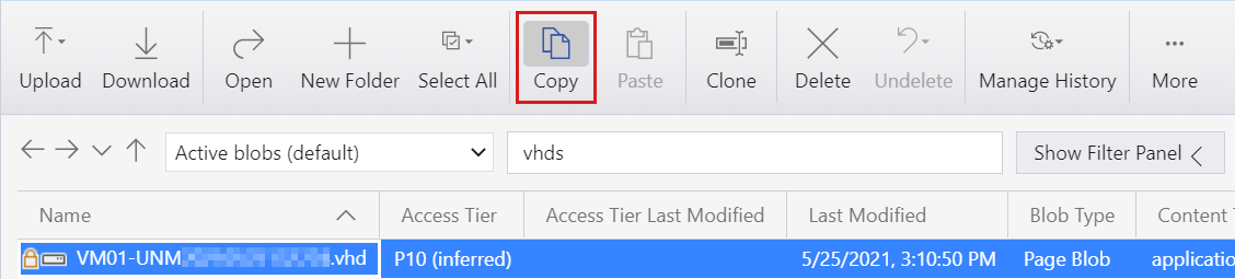 Screenshot of Azure Storage Explorer showing a disk selected with the Copy button highlighted.