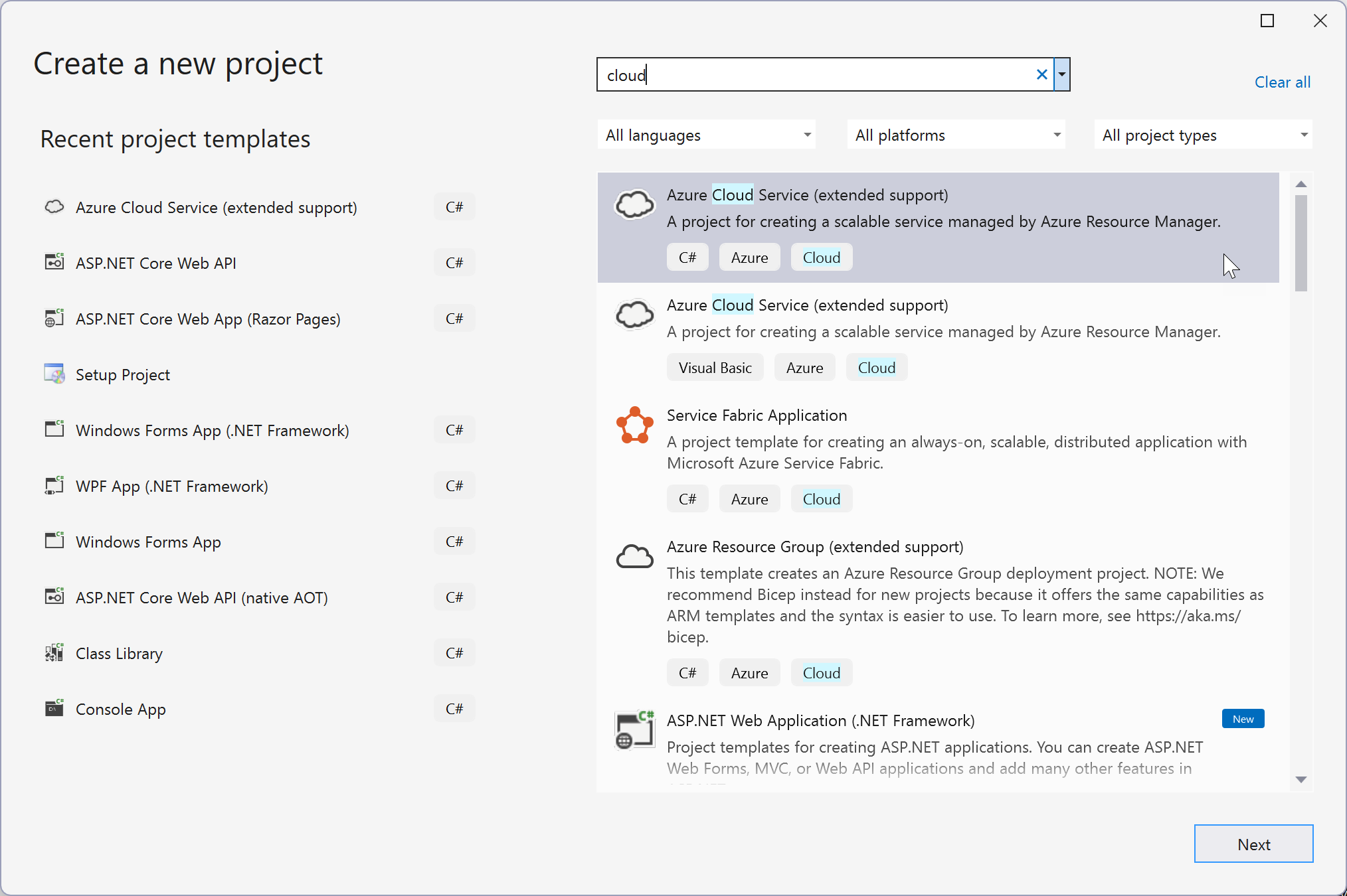 Snímek obrazovky znázorňující, jak vytvořit nový projekt Azure Cloud Services (rozšířená podpora)