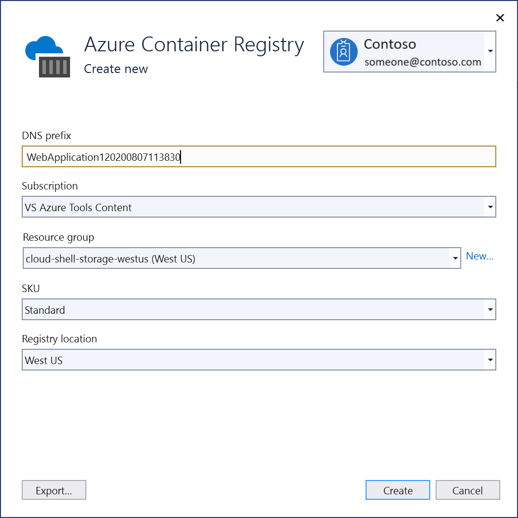 Snímek obrazovky s dialogovým oknem Pro vytvoření služby Azure Container Registry v sadě Visual Studio