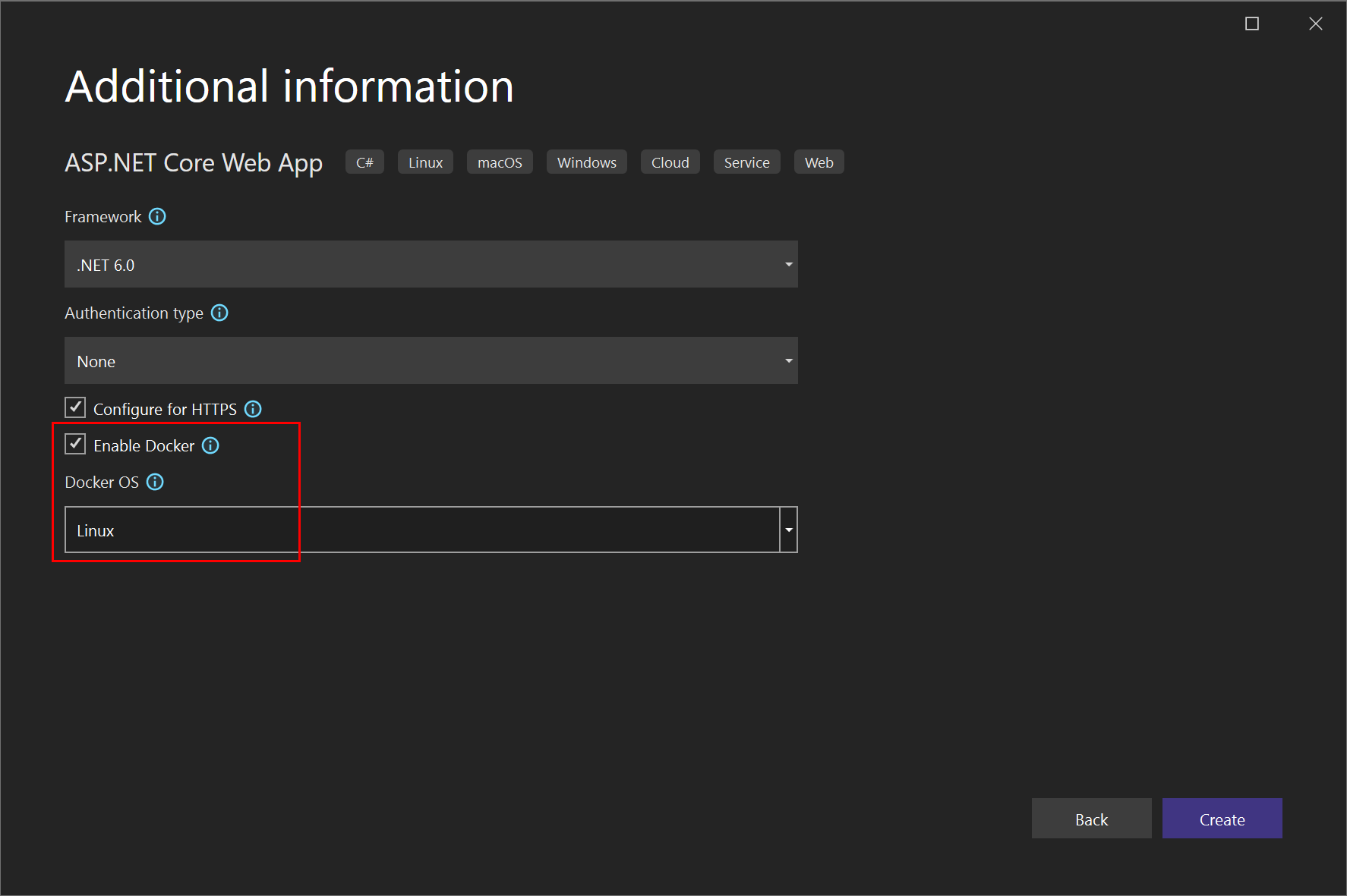 Snímek obrazovky znázorňující povolení podpory Dockeru pro novou webovou aplikaci ASP.NET Core v sadě Visual Studio