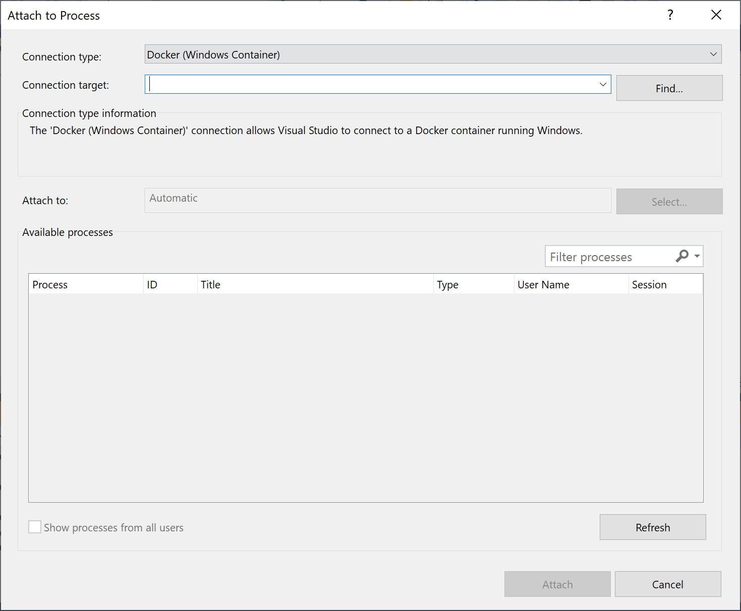 Snímek obrazovky s dialogovým oknem Připojit k procesu v sadě Visual Studio zobrazující typ Připojení dockeru (kontejner Windows).