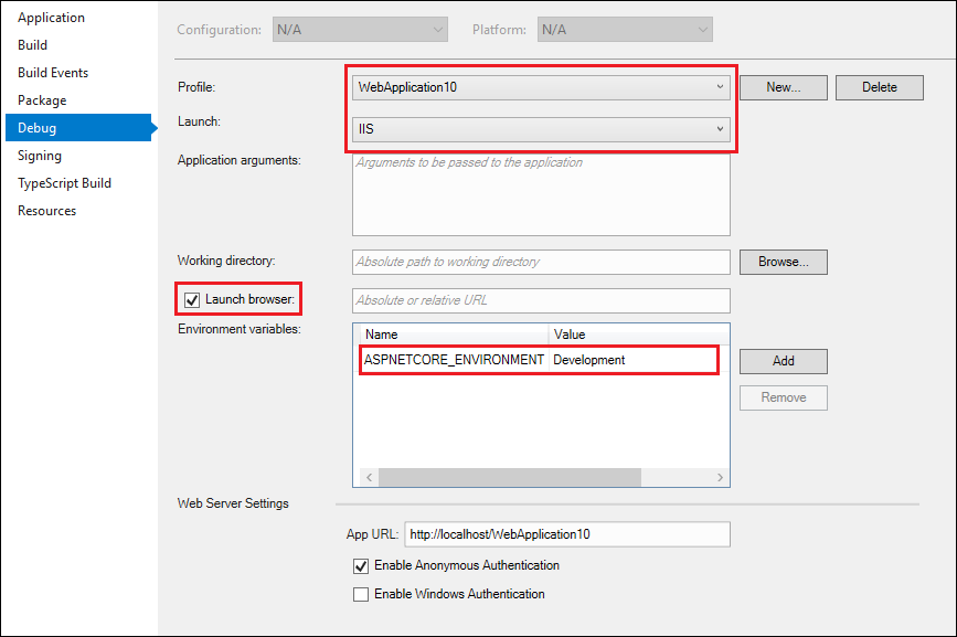 nastavení ladicího programu ASP.NET Core