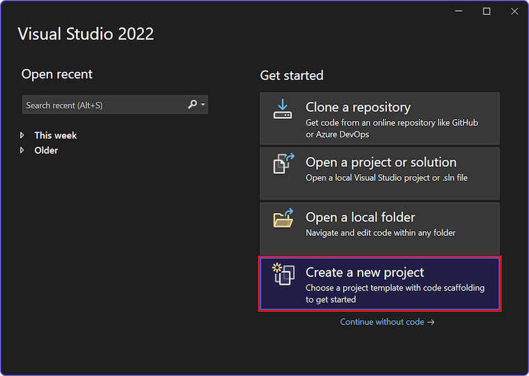 Snímek obrazovky, který ukazuje, jak vybrat možnost Vytvořit nový projekt v okně Start sady Visual Studio