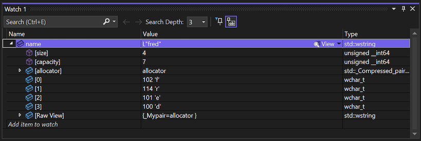 Snímek obrazovky znázorňující okno Watch zobrazující hodnoty pro proměnnou jméno ve Visual Studio