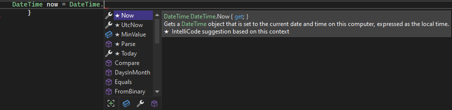 Snímek obrazovky se seznamem členů IntelliSense