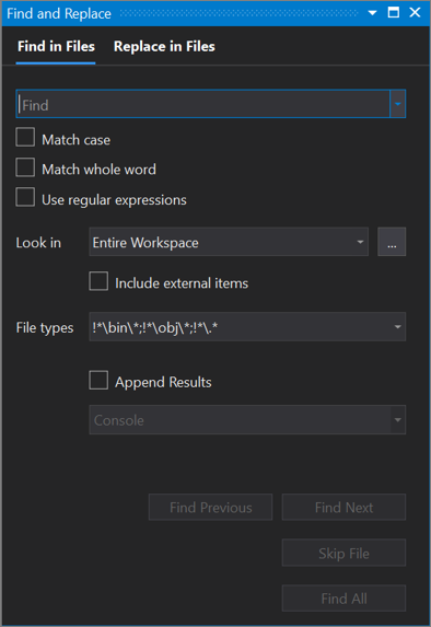 Snímek obrazovky s dialogovým oknem Najít a nahradit v sadě Visual Studio 2019 s otevřenou kartou Najít v souborech