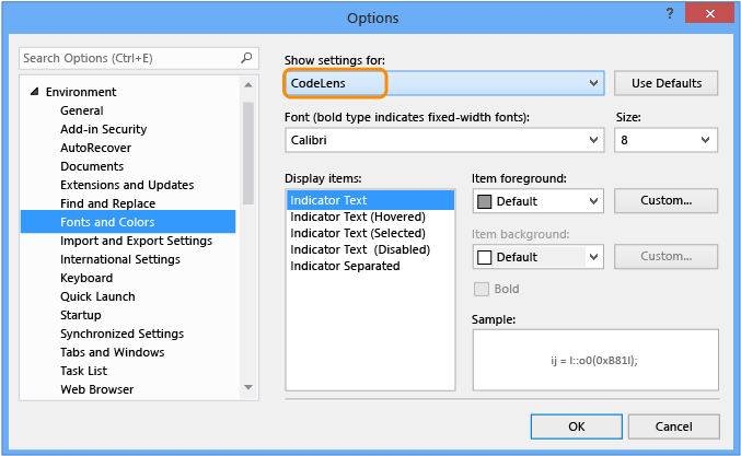 Snímek obrazovky, který ukazuje, jak změnit nastavení písma a barvy pro CodeLens v sadě Visual Studio 2019