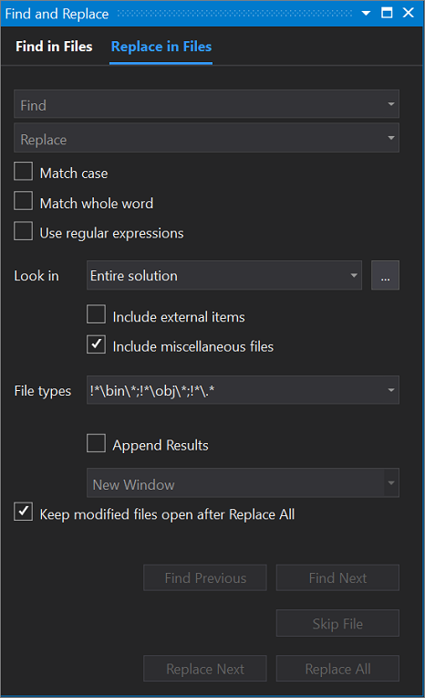 Snímek obrazovky s dialogovým oknem Najít a nahradit v sadě Visual Studio 2019 s otevřenou kartou Nahradit v souborech