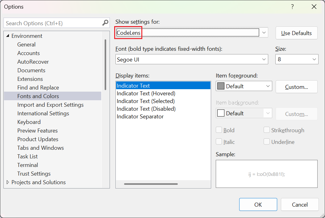 Snímek obrazovky, který ukazuje, jak změnit nastavení písma a barvy pro CodeLens v sadě Visual Studio