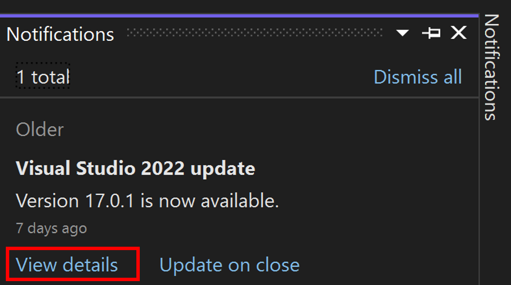 Snímek obrazovky s centrem oznámení v integrovaném vývojovém prostředí sady Visual Studio