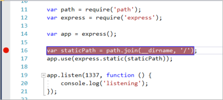 Snímek obrazovky se zarážkou nastavenou pro deklaraci staticPath v souboru server.js.